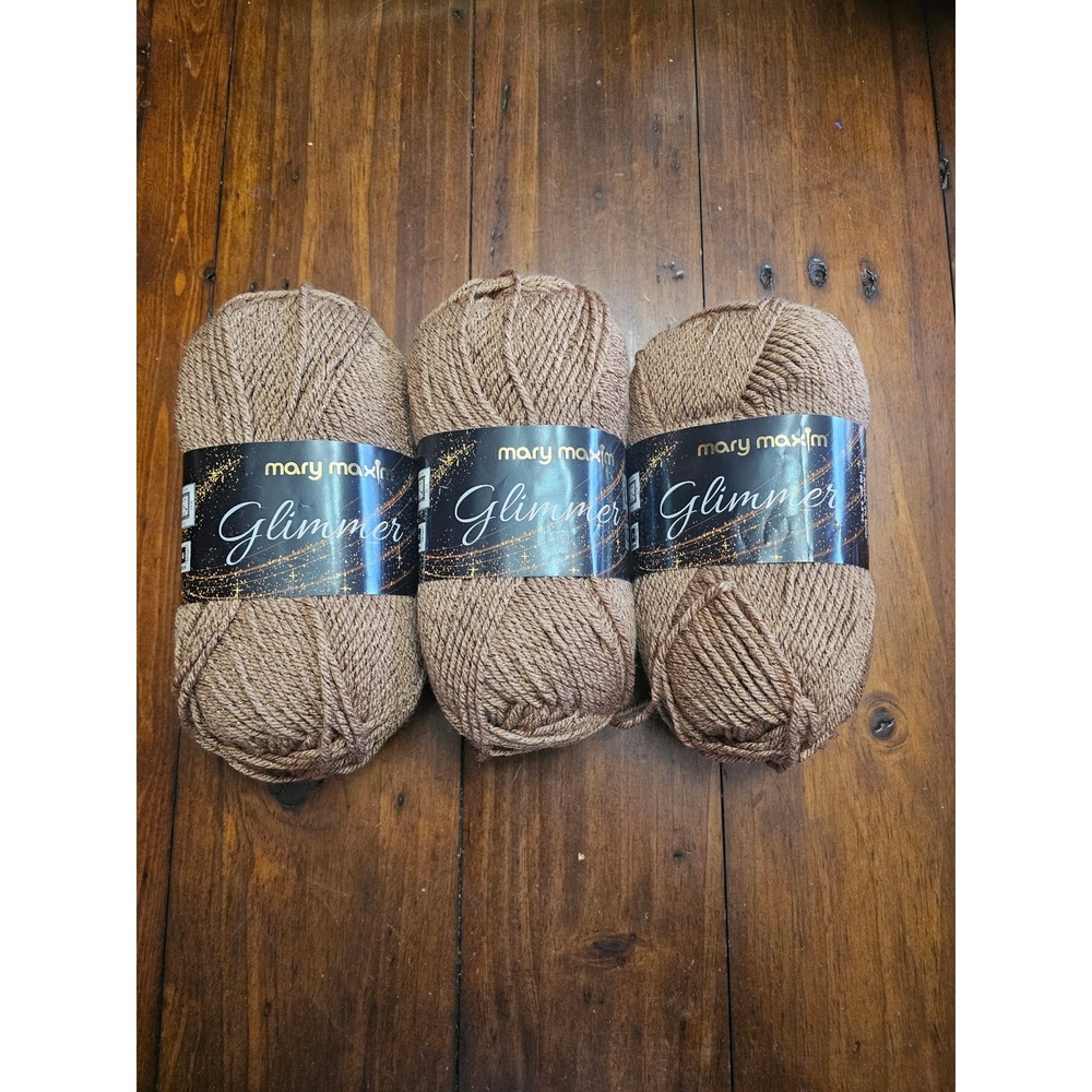 Mary Maxim Glimmer Yarn‎ 3 Skeins Cappuccino  Metallic Worsted 4 Medium 573yd